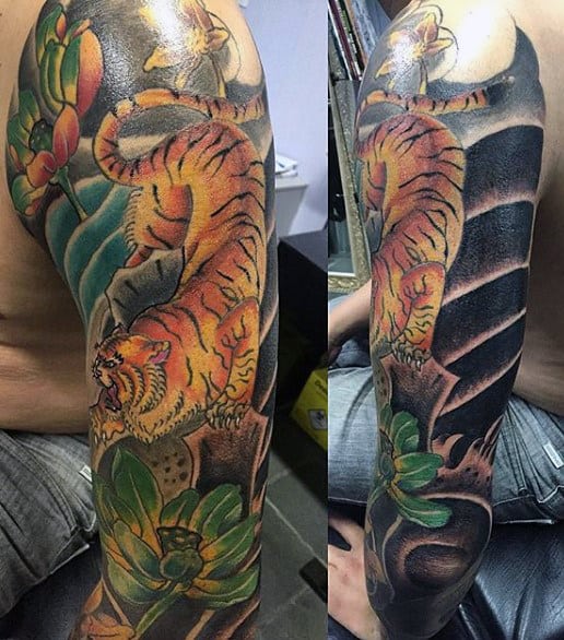 Men's Traditional Tiger Tattoo Sleeves In Color