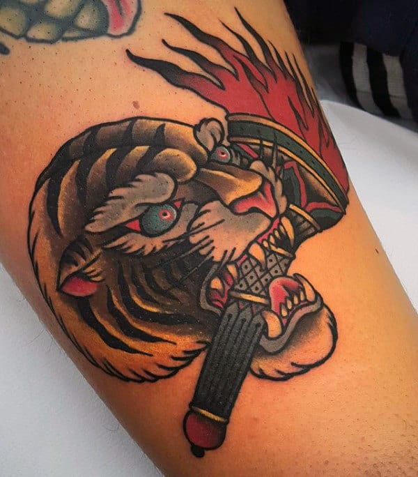 Mens Traditional Tiger With Torch Arm Tattoos