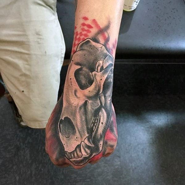 Mens Trash Polka Bear Skull Hand And Forearm Tattoo