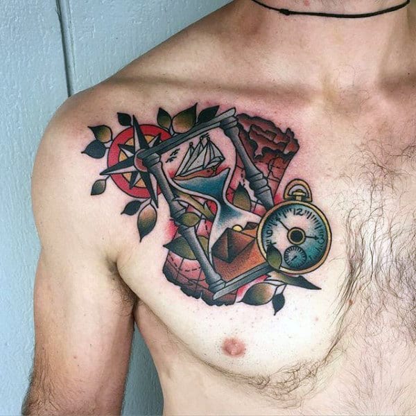 Mens Travelling Tattoos On Chest With Hourlgass And Map Design