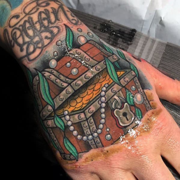 Mens Treasure Chest Hand Tattoos