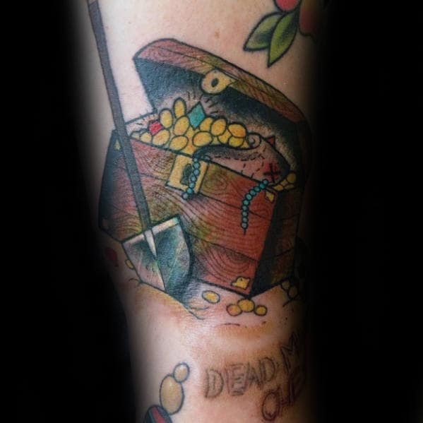Mens Treasure Chest With Shovel Arm Tattoo