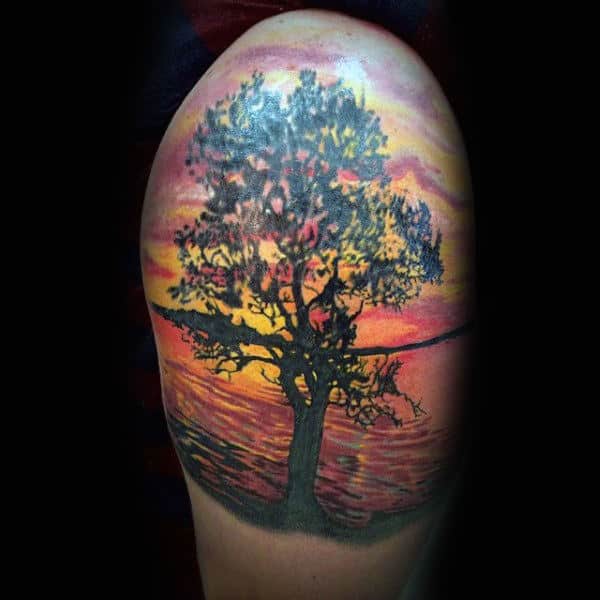 Mens Tree At Sunset Upperarm Silhouette Tattoo