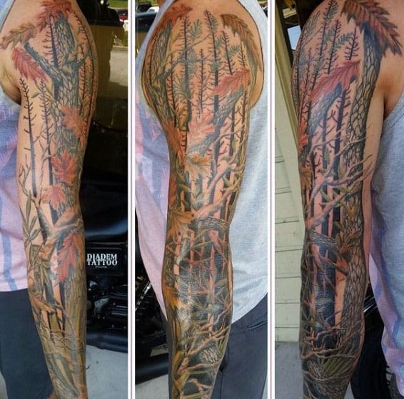 Mens Tree Branches Camouflage Full Sleeve Tattoo