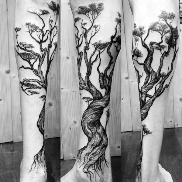 Black ink tree tattoo wrapping around the leg, featuring a twisted trunk, intricate branches, and fine shading for a dynamic and nature-inspired design.