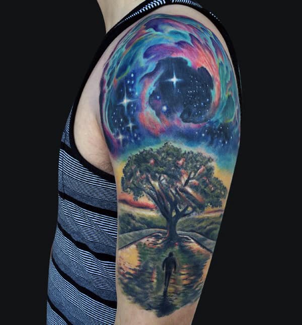 Mens Tree Of Life Sky Half Sleeve Tattoo Designs