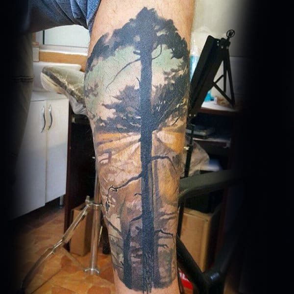 Mens Tree Sky Leg Sleeve Tattoos