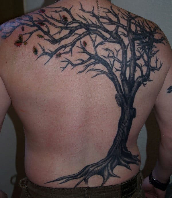 Mens Tree With Falling Leaves Back Tattoo