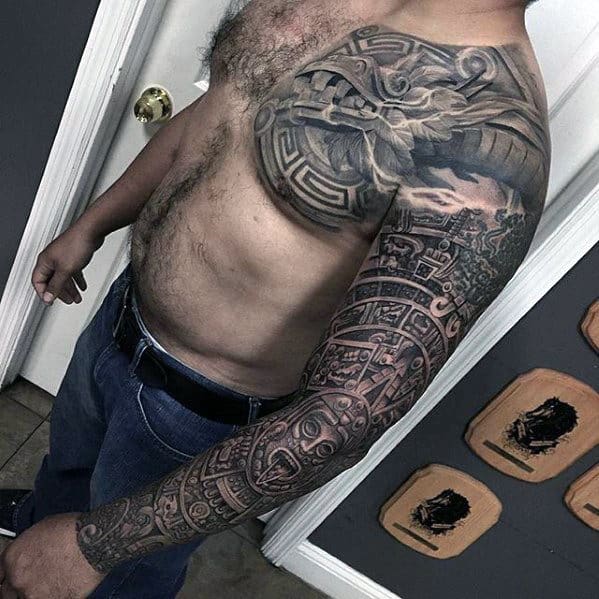 Mens Tribal Aztec Different Full Arm Sleeve Tattoo
