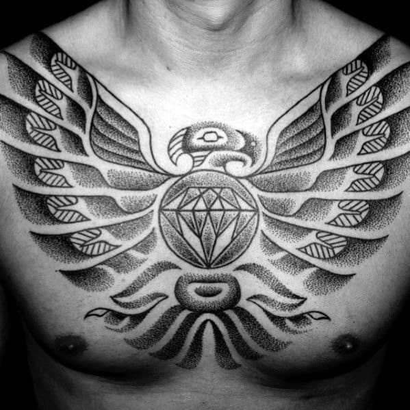 Mens Tribal Bird Shaded Black And Grey Ink Chest Tattoo With Diamond Design