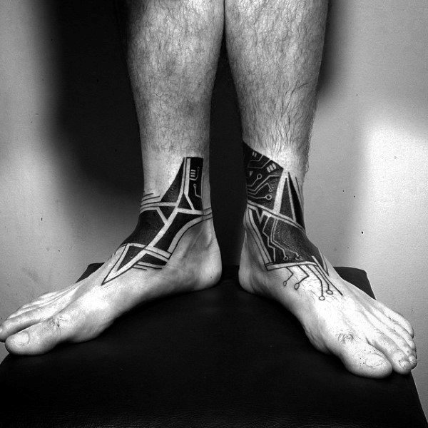 Mens Tribal Circuit Board Lower Leg Ankle Tattoos