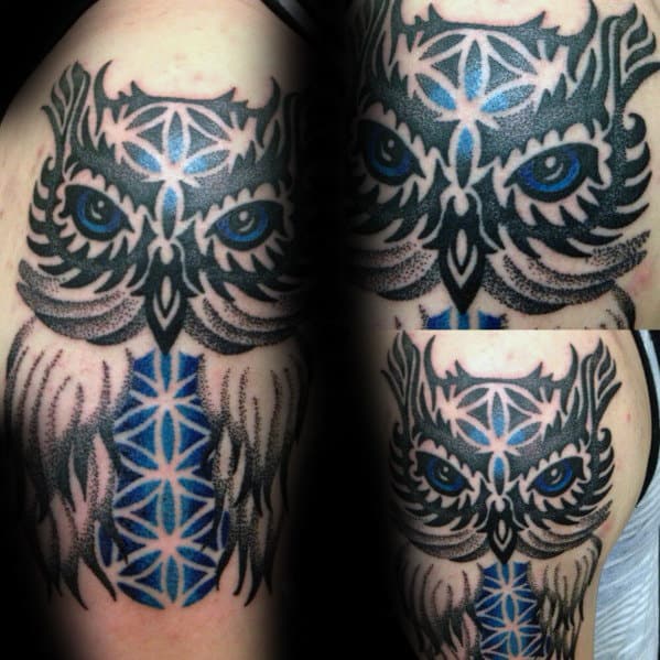 Mens Tribal Owl With Flower Of Life Geometric Design On Arm