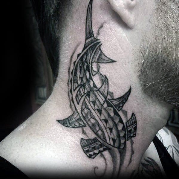 Mens Tribal Shark Polynesian Side Of Neck Tattoo Ideas