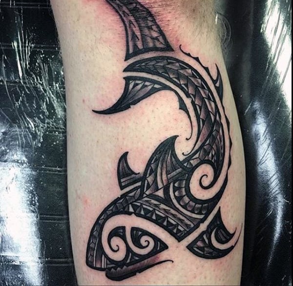 Mens Tribal Shark Tattoo On Leg