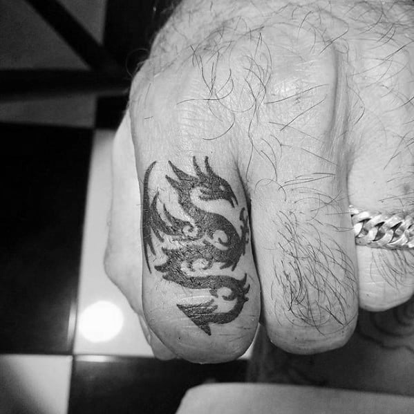 Mens Tribal Small Dragon Black Ink Finger Tattoo