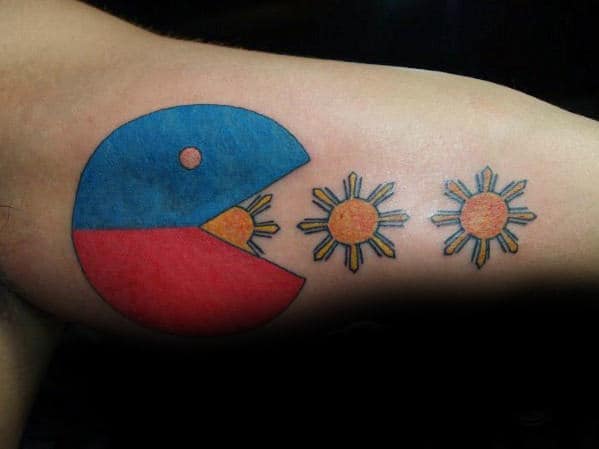 Mens Tribal Sun Themed Pacman Inner Arm Bicep Tattoos