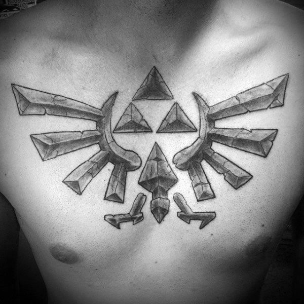 Mens Triforce Stone Tattoo Design Ideas On Upper Chest With Shaded Ink Design
