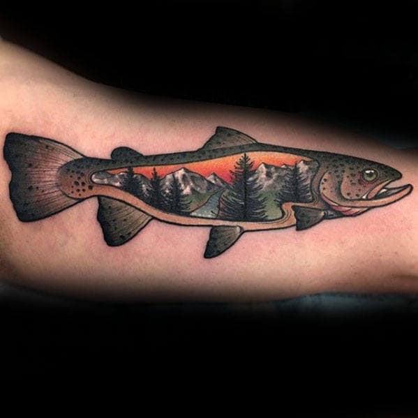 Mens Trout Fish With Nature Landscape Scene Inner Arm Bicep Tattoo
