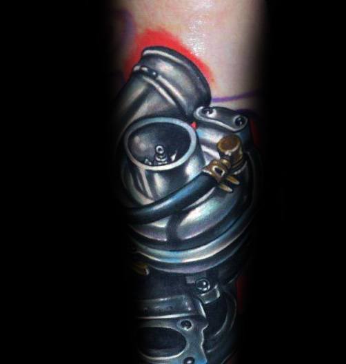 Realistic turbocharger tattoo on the forearm with vibrant shading and metallic detailing, symbolizing speed, power, and a passion for automotive performance.