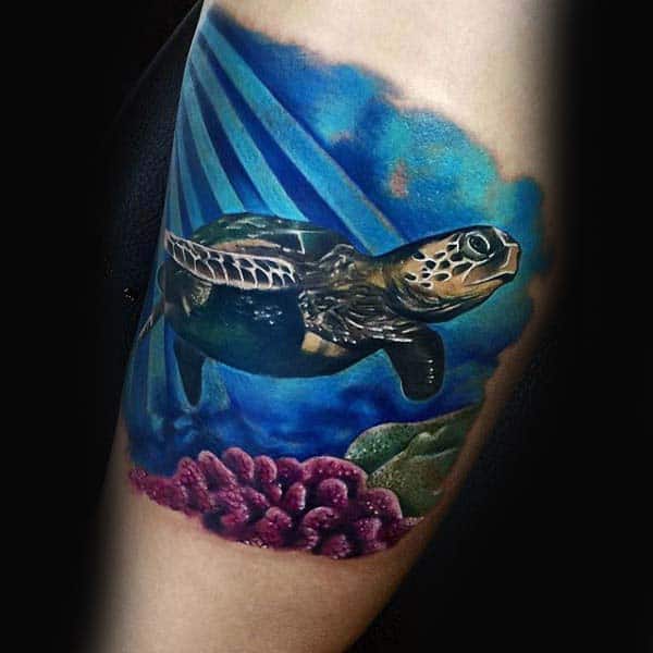 Mens Turtle Floating In Blue Ocean Water Arm Tattoos For Men