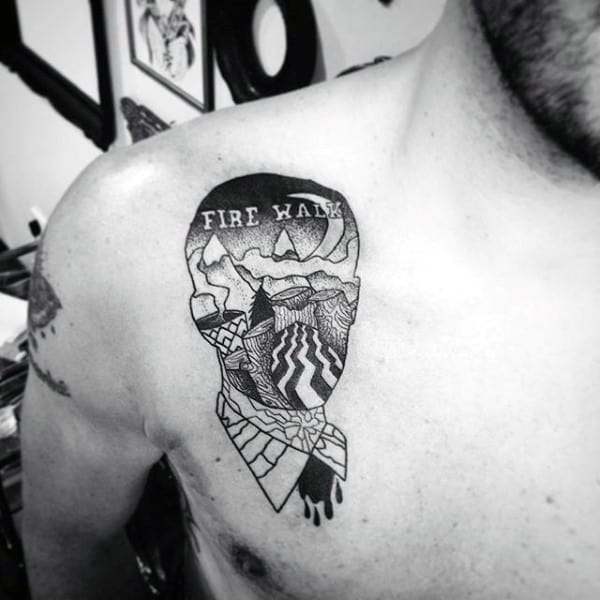 Mens Twin Peaks Fire Walk Upper Chest Tattoo Ideas