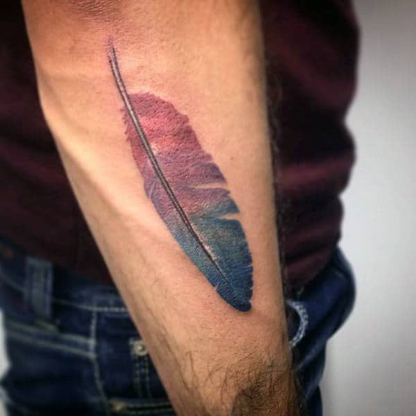 Mens Two Colored Feather Tattoo On Elbows