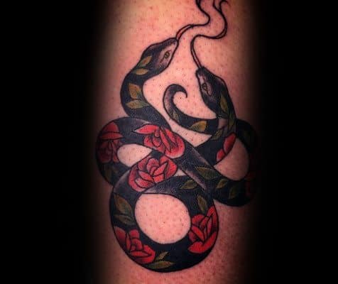 Two-headed snake tattoo with a bold black body decorated with red roses and green leaves, creating a striking and artistic design.