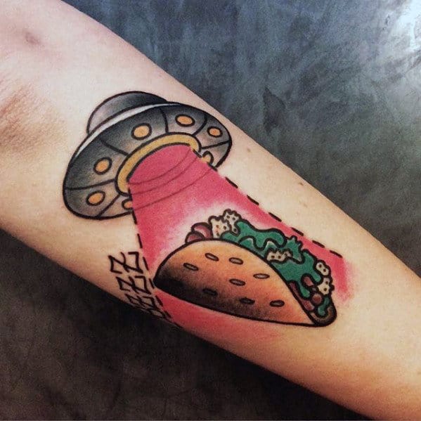 Mens Ufo With Taco Outer Forearm Tattoo