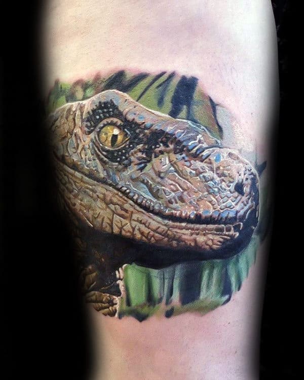 Mens Ultra Realistic 3d Velociraptor Head Tattoo On Inner Forearm