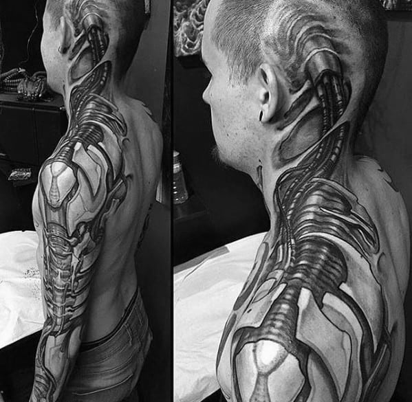 Mens Unbelievable 3d Ripped Skin Mechanical Gears Full Arm And Neck Tattoo