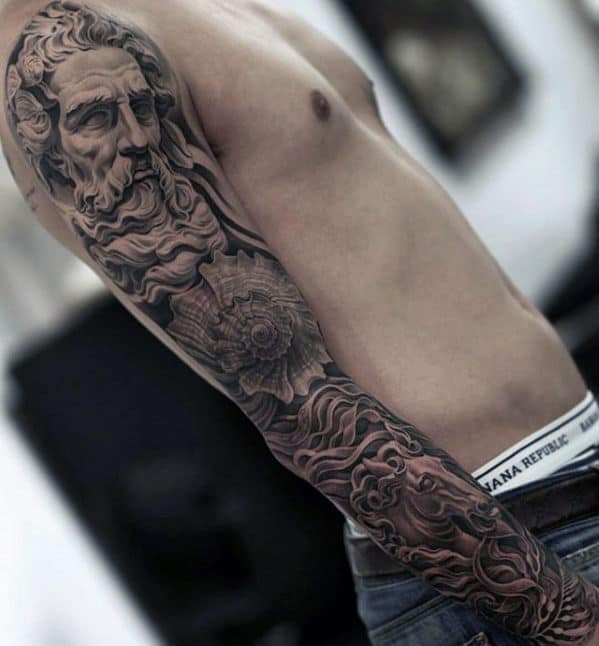 Mens Unbelievable Black And Grey Heavily Shaded Tattoo Sleeve Ideas