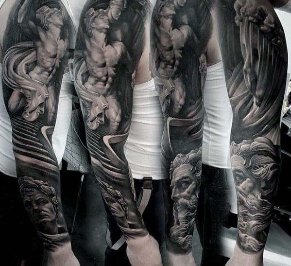 Mens Unbelievable Greek God Staircase Full Sleeve Tattoos
