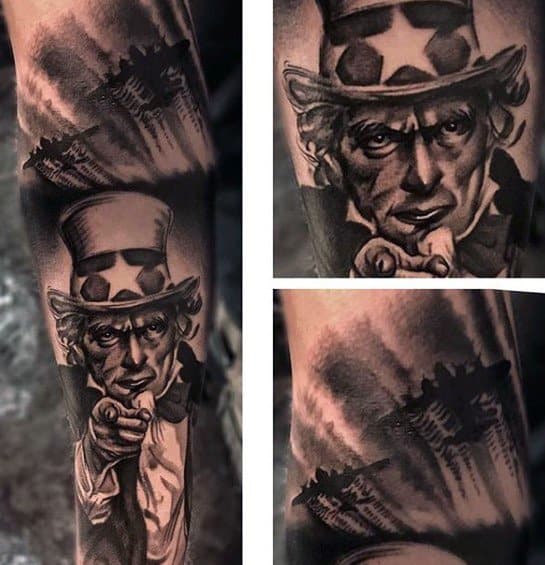 Dramatic Uncle Sam tattoo in black and gray with a bold pointing pose, detailed shading, and a shadowy American city skyline in the background.