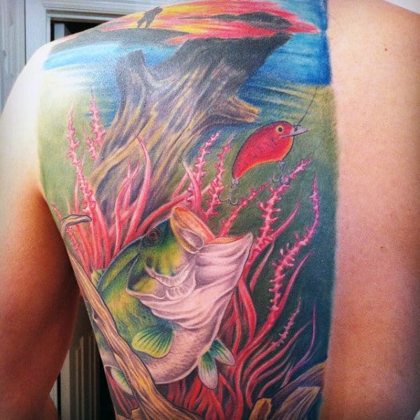 Mens Under Water Bass Fishing Creative Tattoo On Back