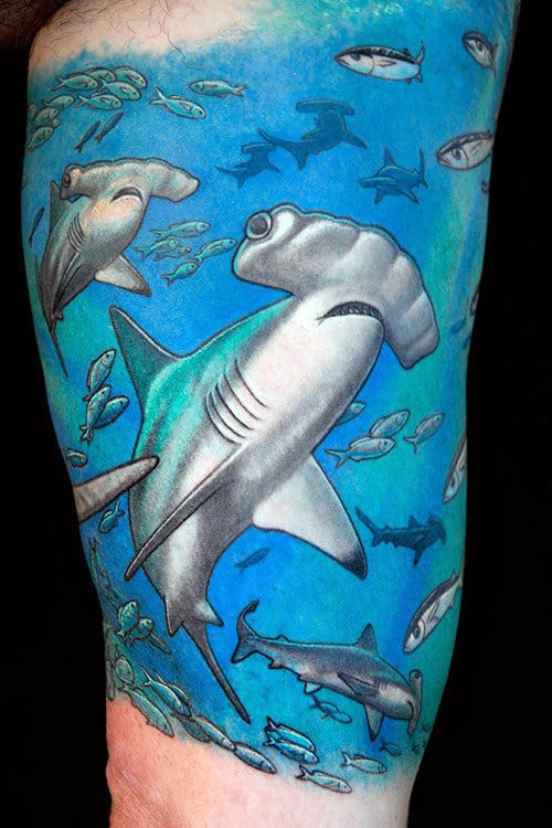 Mens Underwater Hammerhead Shark Tattoo Design Ideas Quarter Sleeve
