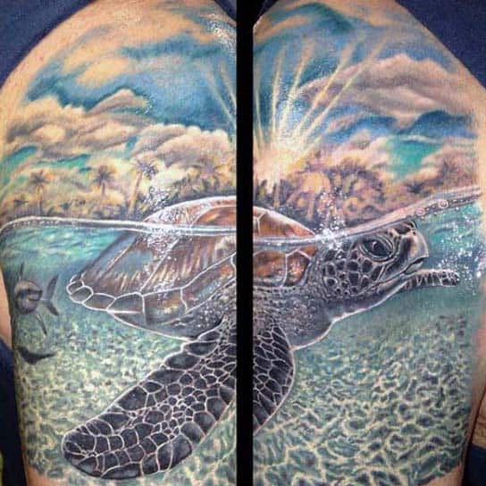 Mens Underwater Turtle Half Sleeve Tattoo With Clouds
