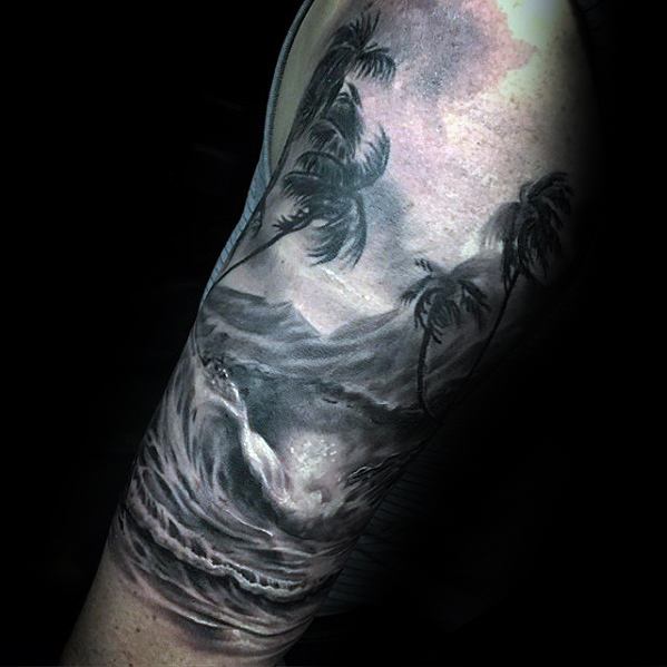 Mens Unique Arm Tropical Beach Half Sleeve Tattoo Designs