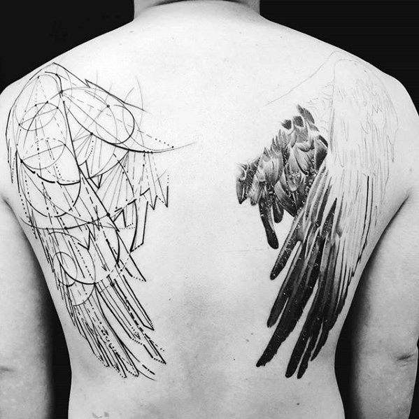 Mens Unique Back Geometric And Realistic Angel Wings Tattoo