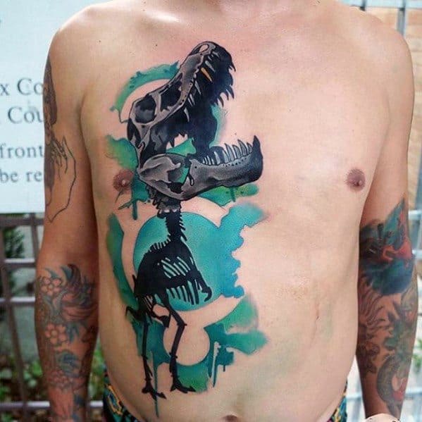 Mens Unique Dinosaur Bones Watercolor Chest Tattoos