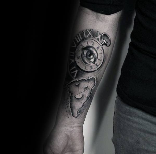 Mens Unique Forearm Pizza With Pocket Watch Tattoo