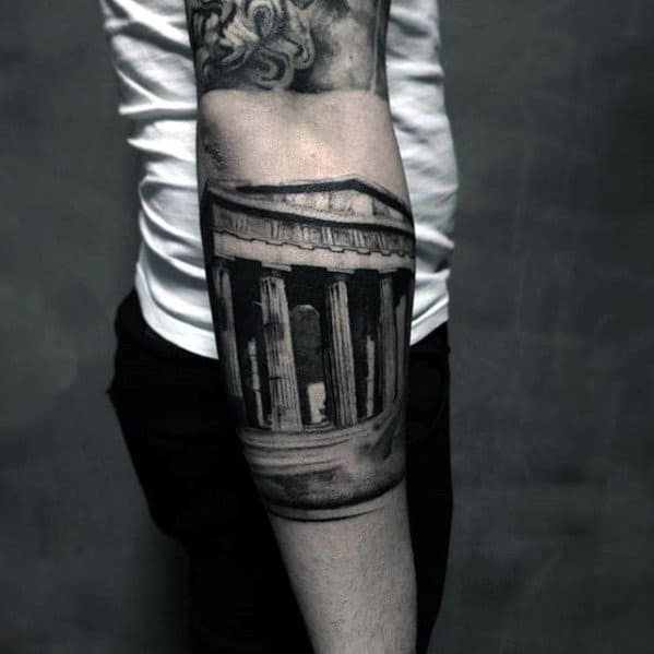 Mens Unique Forearm Roman Building Tattoo