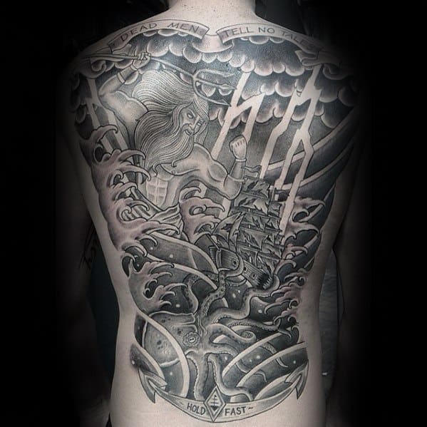 Mens Unique Greek God Full Back Black And Grey Shaded Tattoos