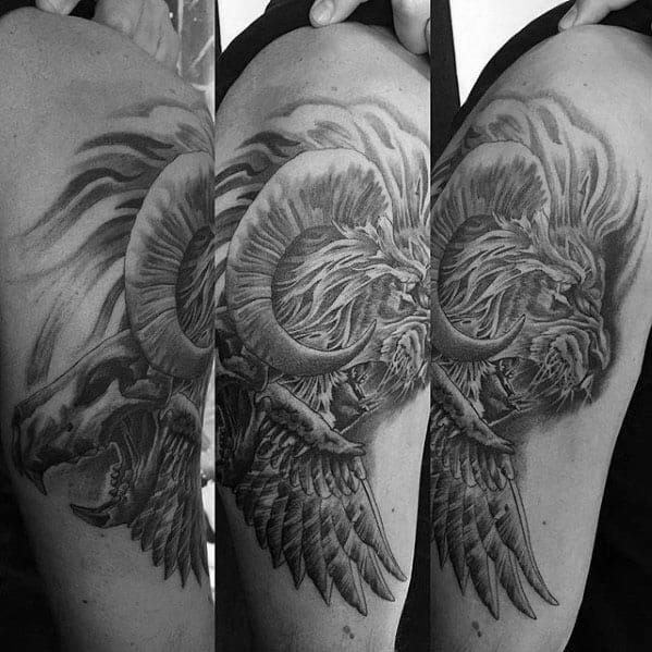Mens Unique Lion Skull Wing Arm Tattoo
