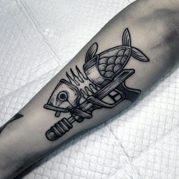 Mens Unique Pistol Tattoo With Skeletal Fish On Forearms