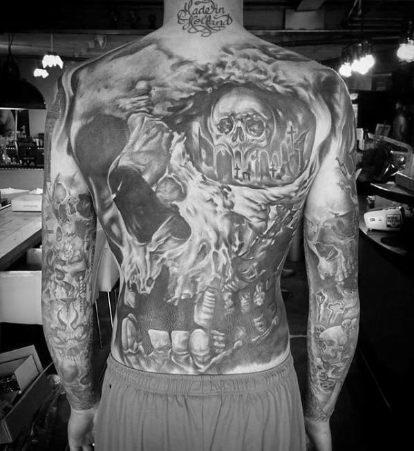 Mens Unique Skull 3d Full Back Tattoo Design Ideas