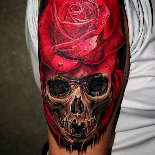 Mens Unique Skull Rose Flower Arm Tattoos