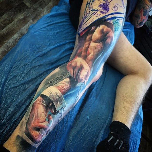 Mens Unique Sleeve Tattoo Of Hands In Chain