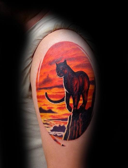 Mens Unusual Upper Arm Big Cat Sunset Tattoos