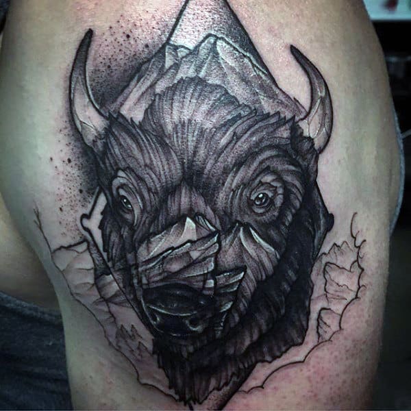 Mens Upper Arm Black Ink Shaded Bison Tattoo
