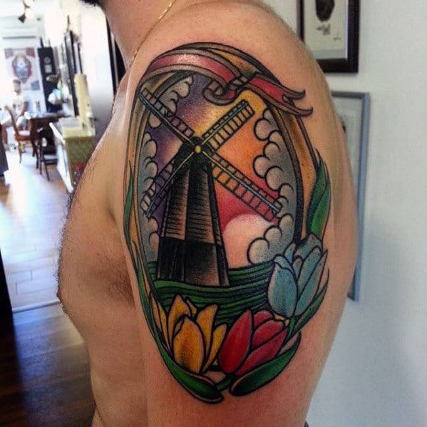 Mens Upper Arm Floral Windmill Tattoo Designs